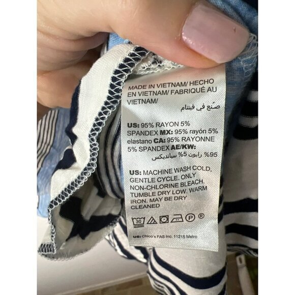 Chico's Sz 2 US 12 - Large Striped Tunic Top Blue White Black - Picture 4 of 7